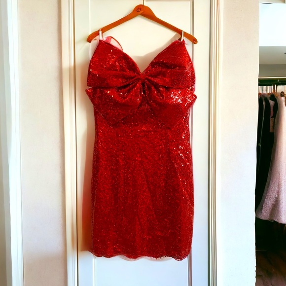 GAUDIE Boutique Red Sequined Front Bow Detail Mini Dress Anthropologie - Picture 3 of 6